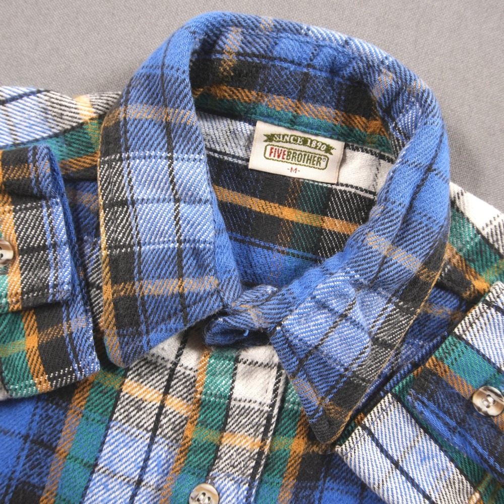 Vintage USA Five Brother Heavy Plaid Flannel Men Shirt M Work Cabin Biker Blue